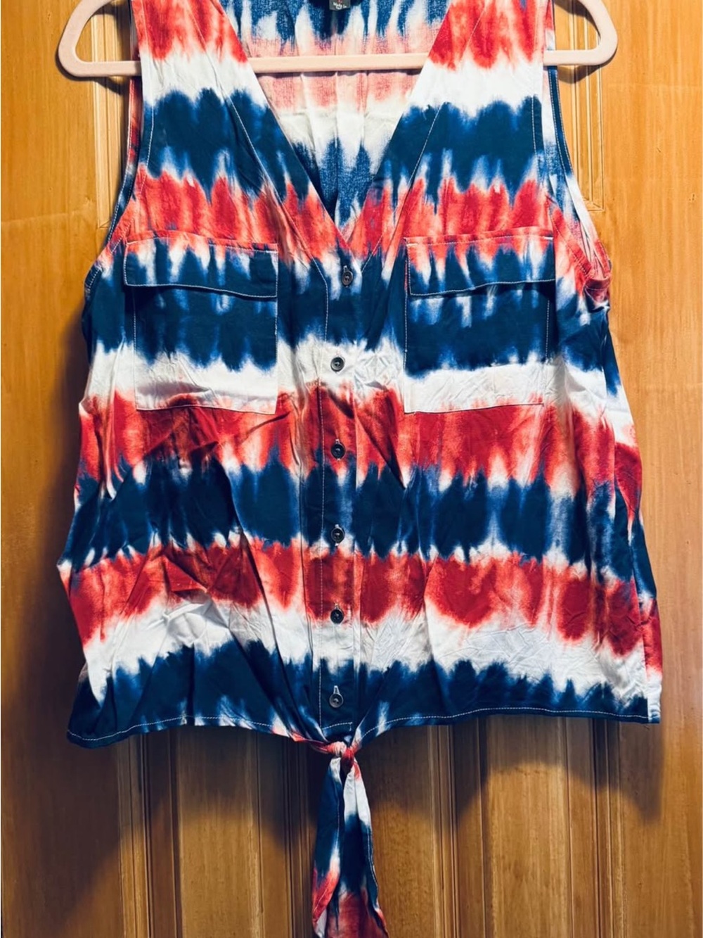 Rock & Republic Red, White & Blue Tie-Dye Button-Front Tank with Front Tie